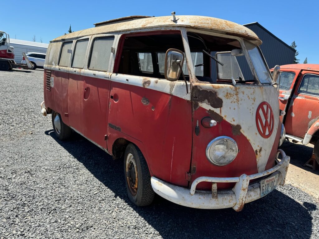 1959 sub hatch Westy camper bus arrival at shop silver lining auto restoration