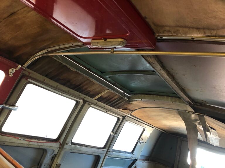 1959 sub hatch Westy camper bus arrival at shop silver lining auto restoration