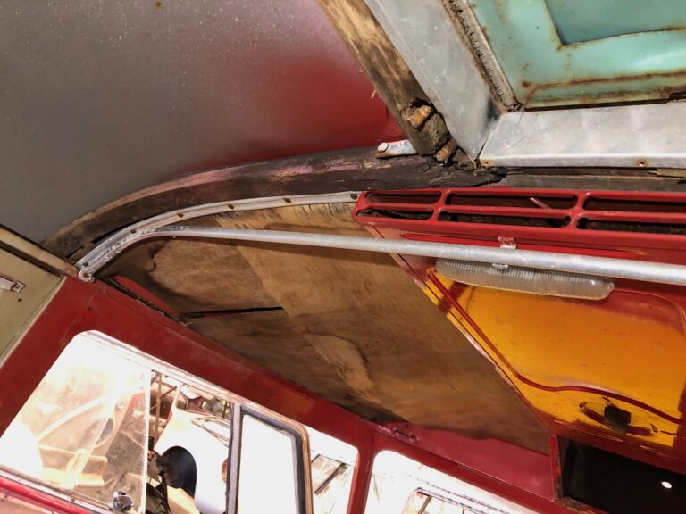 1959 sub hatch Westy camper bus arrival at shop silver lining auto restoration