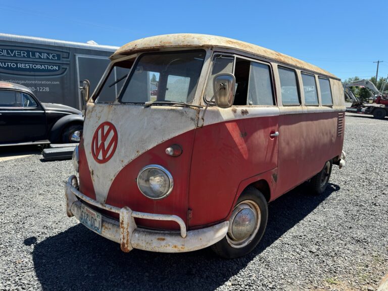 1959 sub hatch Westy camper bus arrival at shop silver lining auto restoration