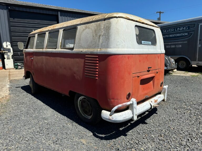 1959 sub hatch Westy camper bus arrival at shop silver lining auto restoration