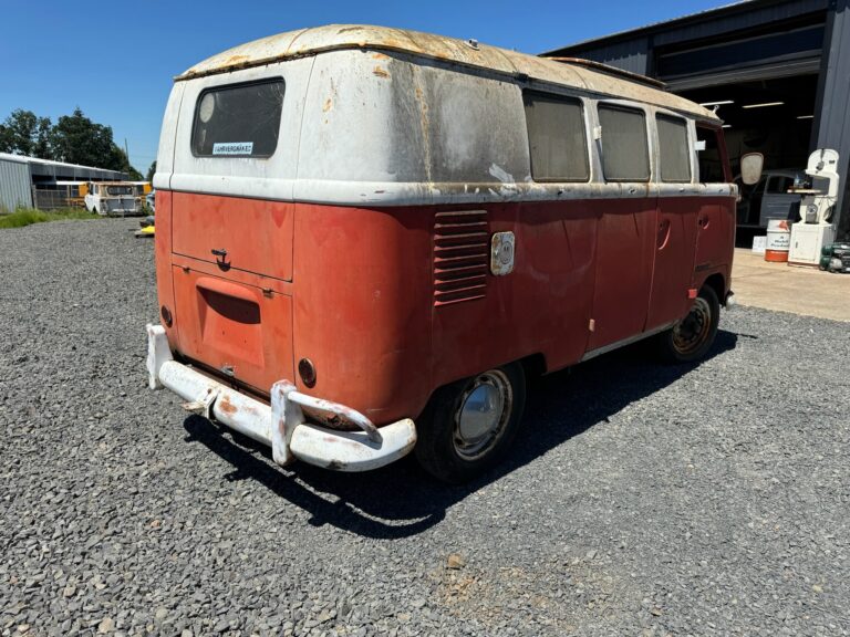 1959 sub hatch Westy camper bus arrival at shop silver lining auto restoration