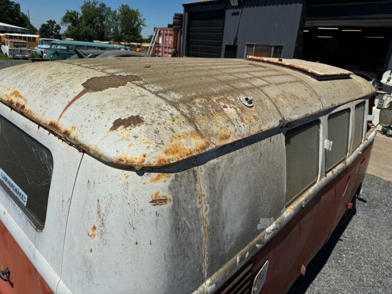 1959 sub hatch Westy camper bus arrival at shop silver lining auto restoration