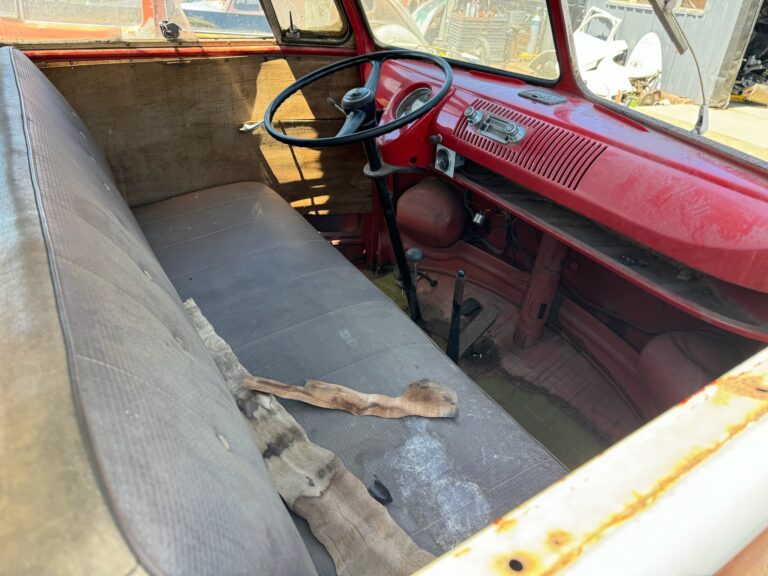 1959 sub hatch Westy camper bus arrival at shop silver lining auto restoration