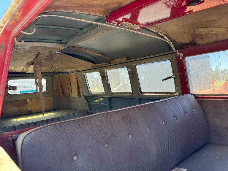 1959 sub hatch Westy camper bus arrival at shop silver lining auto restoration