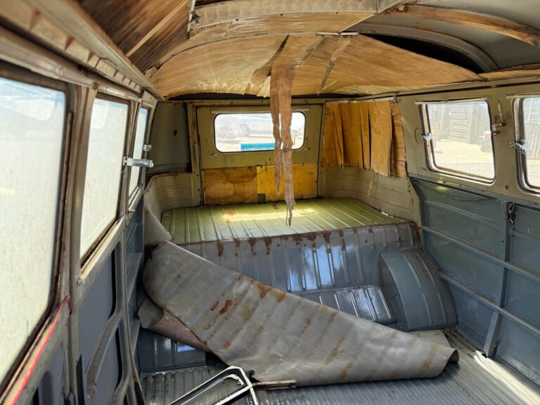 1959 sub hatch Westy camper bus arrival at shop silver lining auto restoration