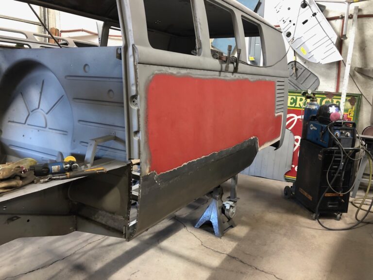 1959 sub hatch Westy camper bus rust repair starts silver lining auto restoration