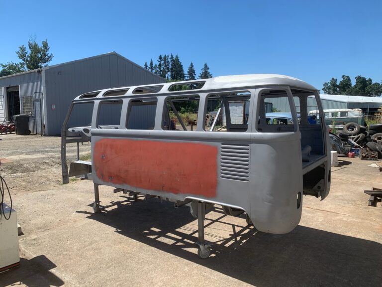 1963 23 window deluxe vw bus post media blast silver lining auto restoration