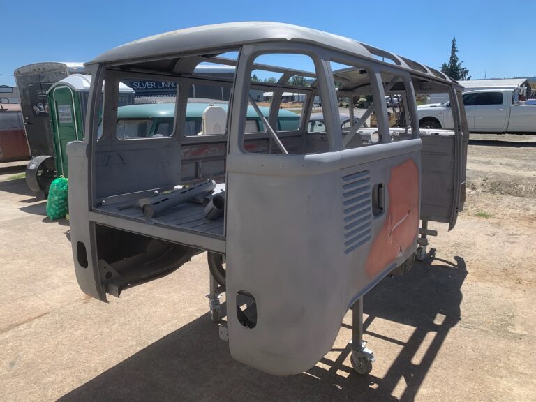 1963 23 window deluxe vw bus post media blast silver lining auto restoration