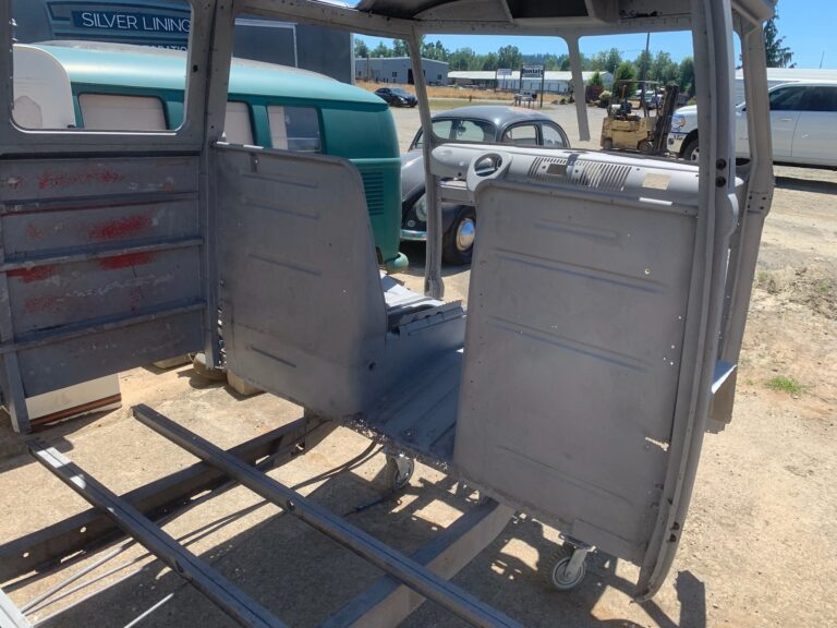1963 23 window deluxe vw bus post media blast silver lining auto restoration
