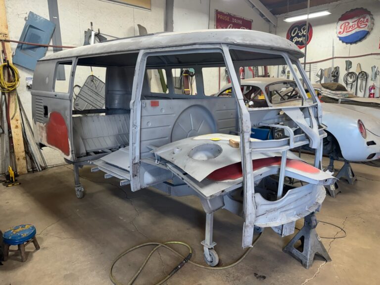 1959 sub hatch Westy camper bus media blast silver lining auto restoration