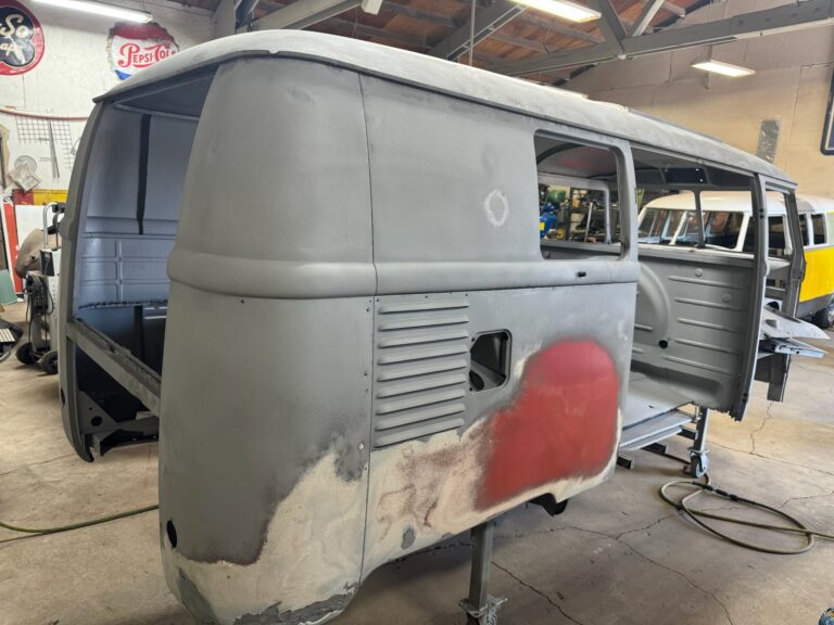 1959 sub hatch Westy camper bus media blast silver lining auto restoration
