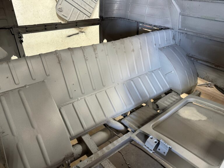 1959 sub hatch Westy camper bus media blast silver lining auto restoration