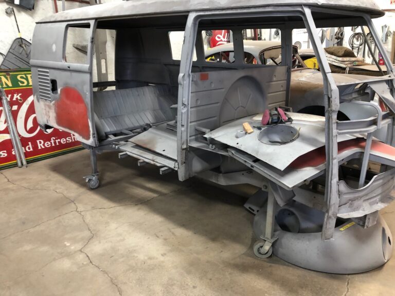 1959 sub hatch Westy camper bus media blast silver lining auto restoration