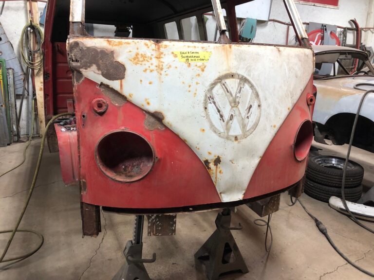 1959 sub hatch Westy camper bus media blast silver lining auto restoration