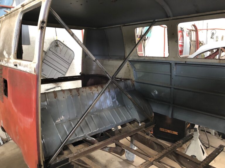 1959 sub hatch Westy camper bus media blast silver lining auto restoration
