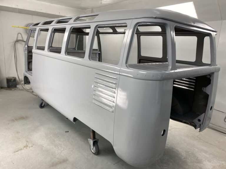 1954 barndoor 23 window deluxe bus body and components in primer silver lining auto restoration oregon