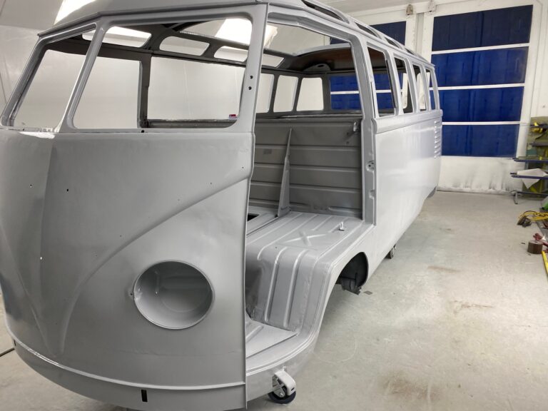 1954 barndoor 23 window deluxe bus body and components in primer silver lining auto restoration oregon