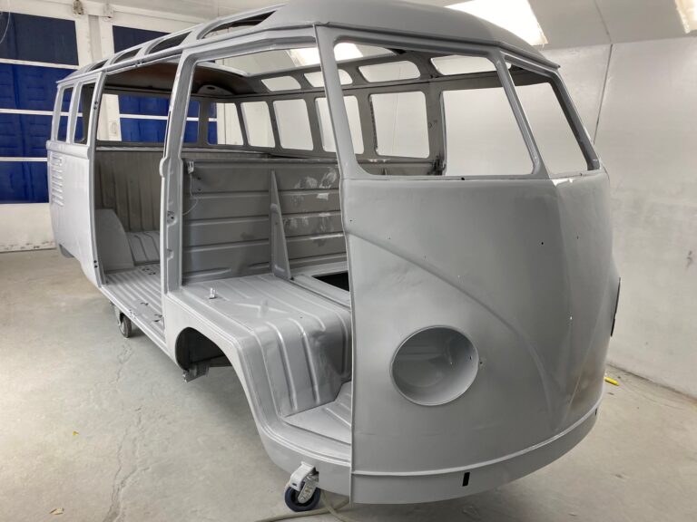 1954 barndoor 23 window deluxe bus body and components in primer silver lining auto restoration oregon