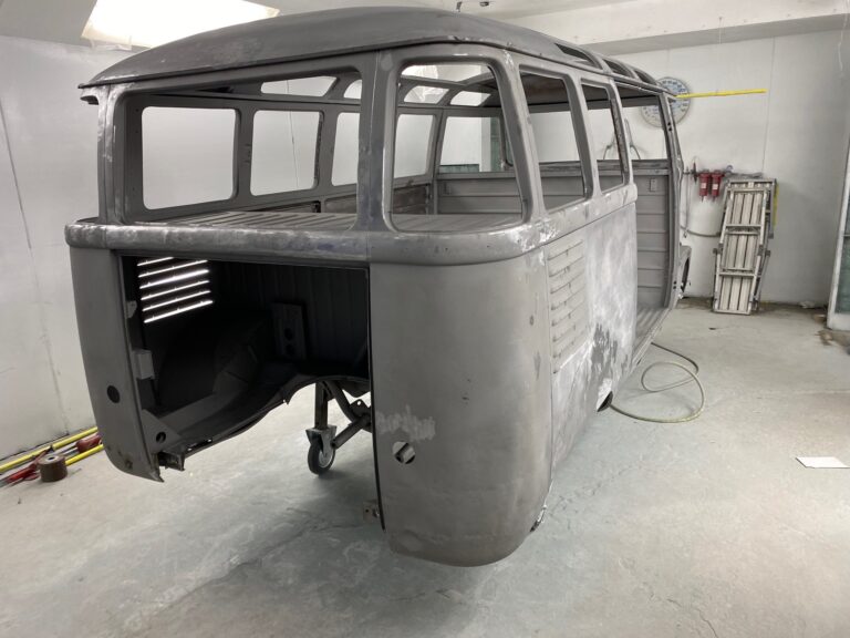 1954 barndoor 23 window deluxe bus body and components in primer silver lining auto restoration oregon