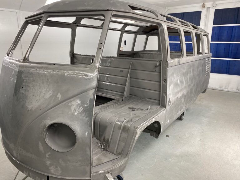 1954 barndoor 23 window deluxe bus body and components in primer silver lining auto restoration oregon