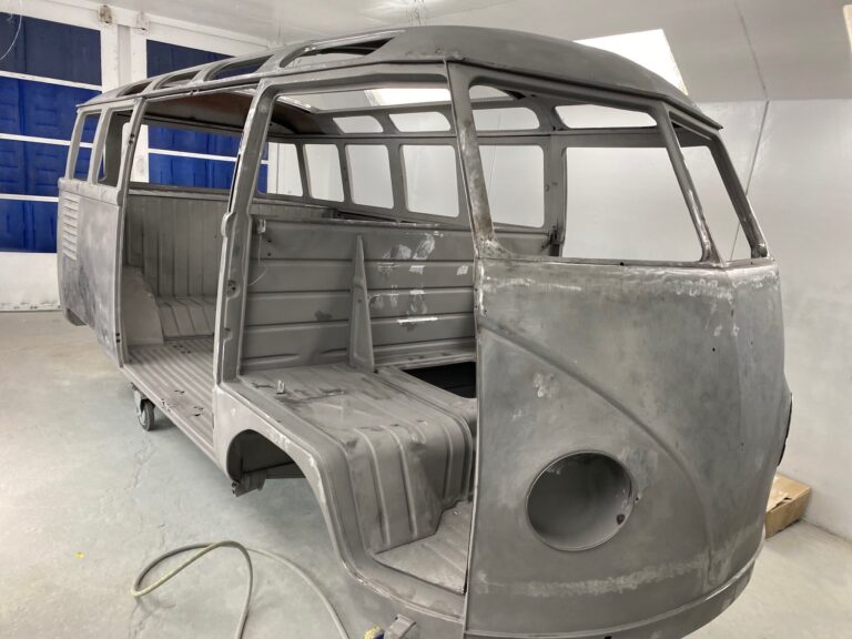 1954 barndoor 23 window deluxe bus body and components in primer silver lining auto restoration oregon