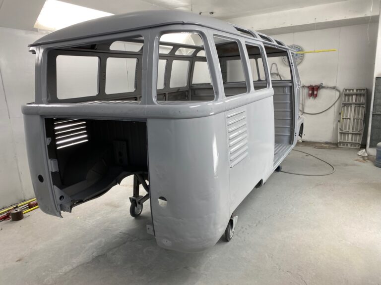 1954 barndoor 23 window deluxe bus body and components in primer silver lining auto restoration oregon