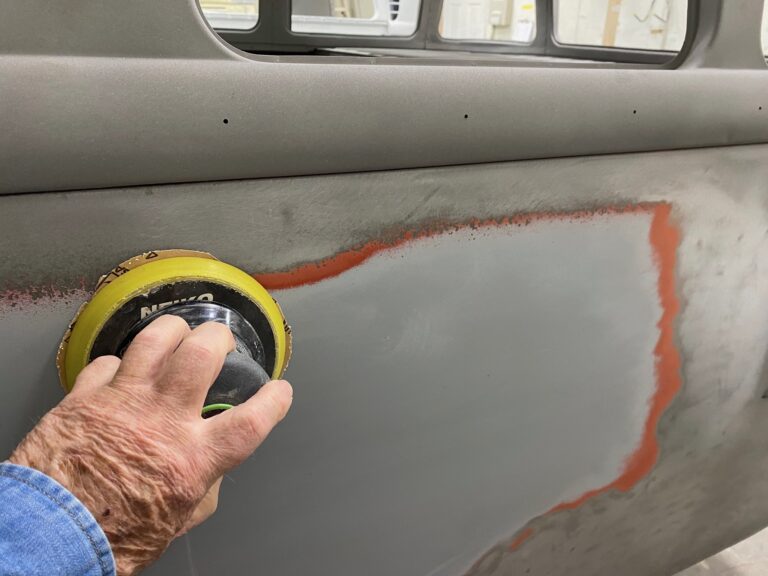 1954 barndoor 23 window deluxe vw bus final metal details before primer silver lining auto restoration oregon