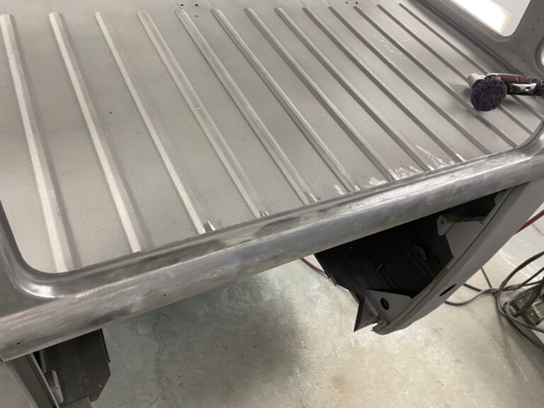 1954 barndoor 23 window deluxe vw bus final metal details before primer silver lining auto restoration oregon