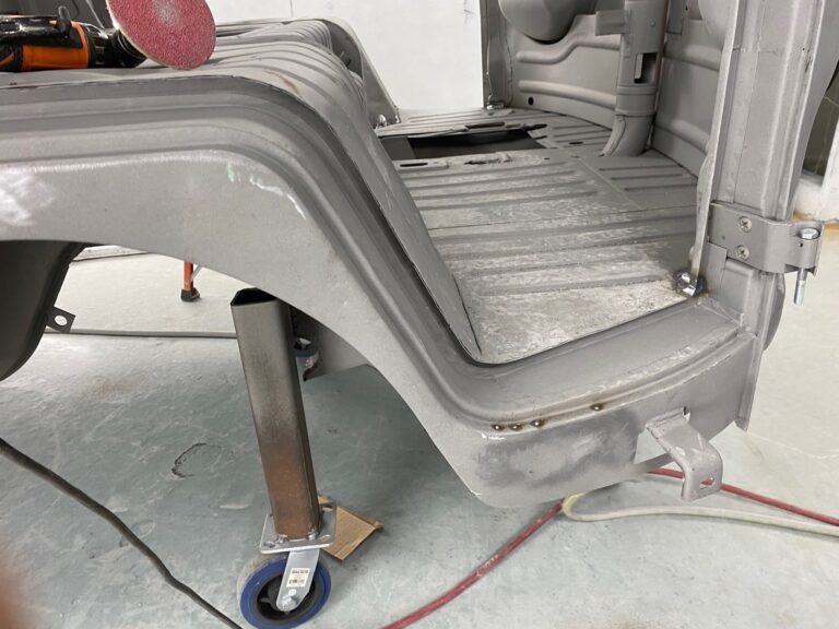 1954 barndoor 23 window deluxe vw bus final metal details before primer silver lining auto restoration oregon