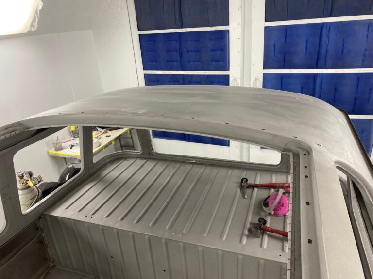 1954 barndoor 23 window deluxe vw bus final metal details before primer silver lining auto restoration oregon