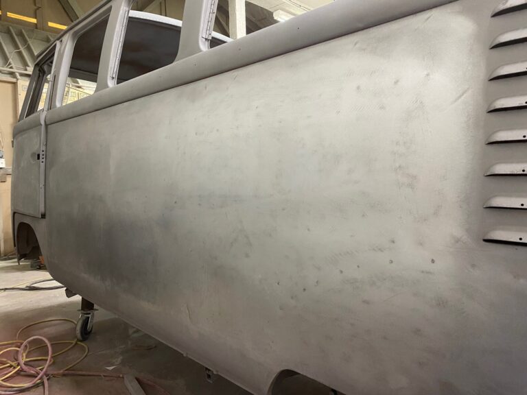 1954 barndoor 23 window deluxe vw bus final metal details before primer silver lining auto restoration oregon