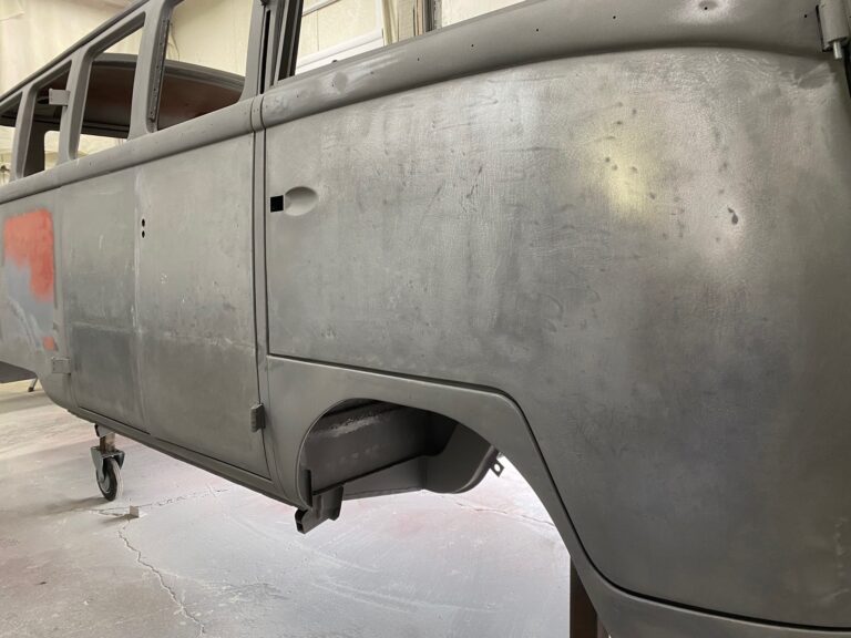 1954 barndoor 23 window deluxe vw bus final metal details before primer silver lining auto restoration oregon