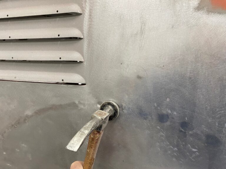 1954 barndoor 23 window deluxe vw bus final metal details before primer silver lining auto restoration oregon