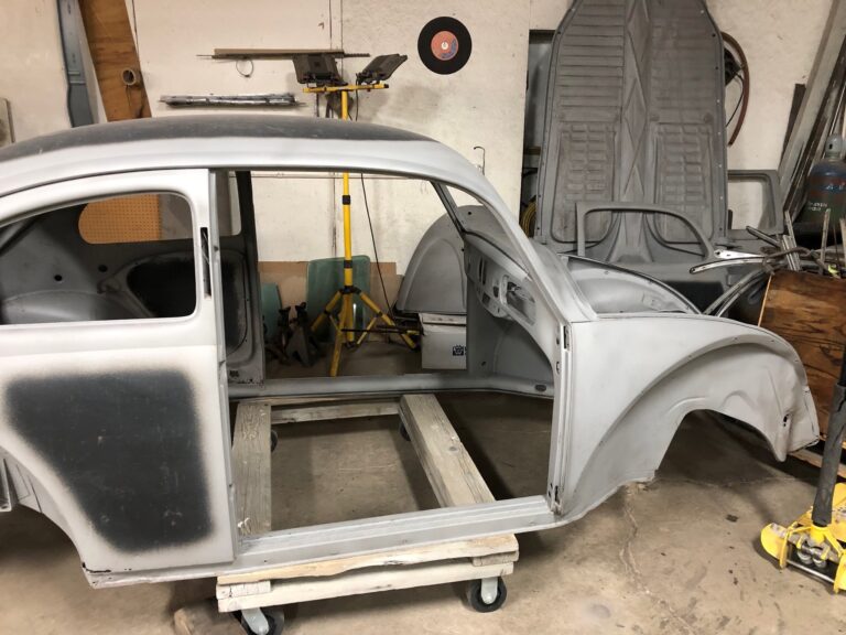 1955 std oval window vw beetle body tear down and media blast silver lining auto restoration
