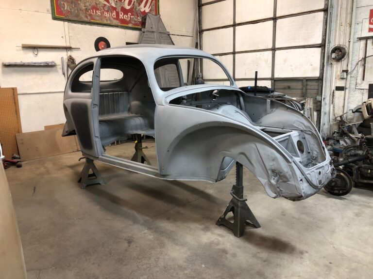 1955 std oval window vw beetle body tear down and media blast silver lining auto restoration