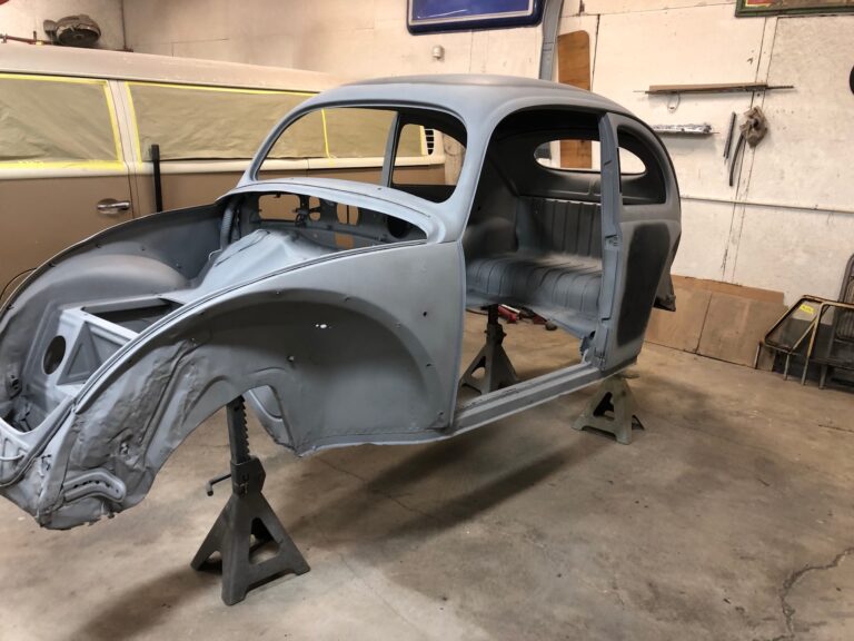 1955 std oval window vw beetle body tear down and media blast silver lining auto restoration