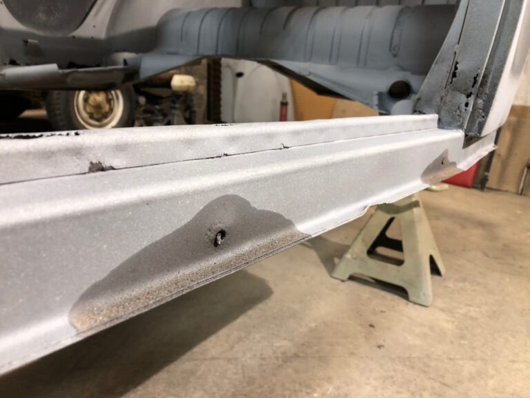 1955 std oval window vw beetle body tear down and media blast silver lining auto restoration