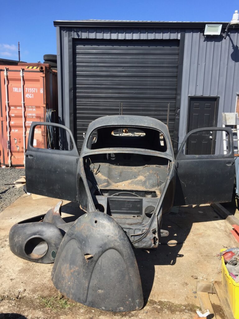 1955 std oval window vw beetle body tear down and media blast silver lining auto restoration