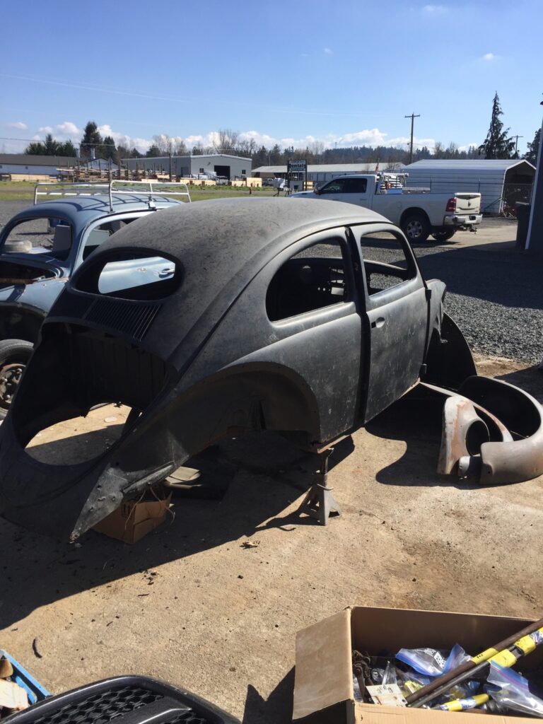 1955 std oval window vw beetle body tear down and media blast silver lining auto restoration