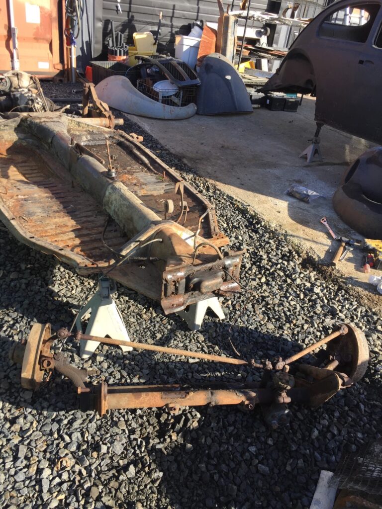 1955 std oval window beetle chassis pan tear down silver lining auto restoration