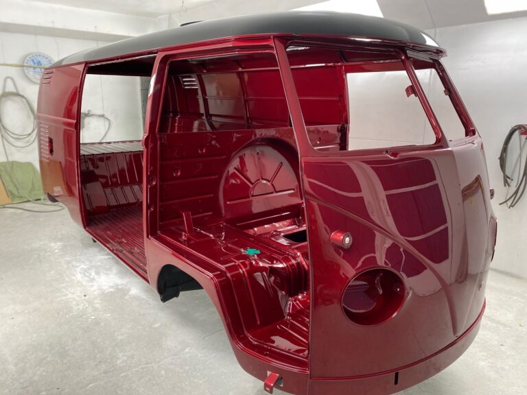 1959 vw panel bus main body paint cut and buff silver lining auto restoration