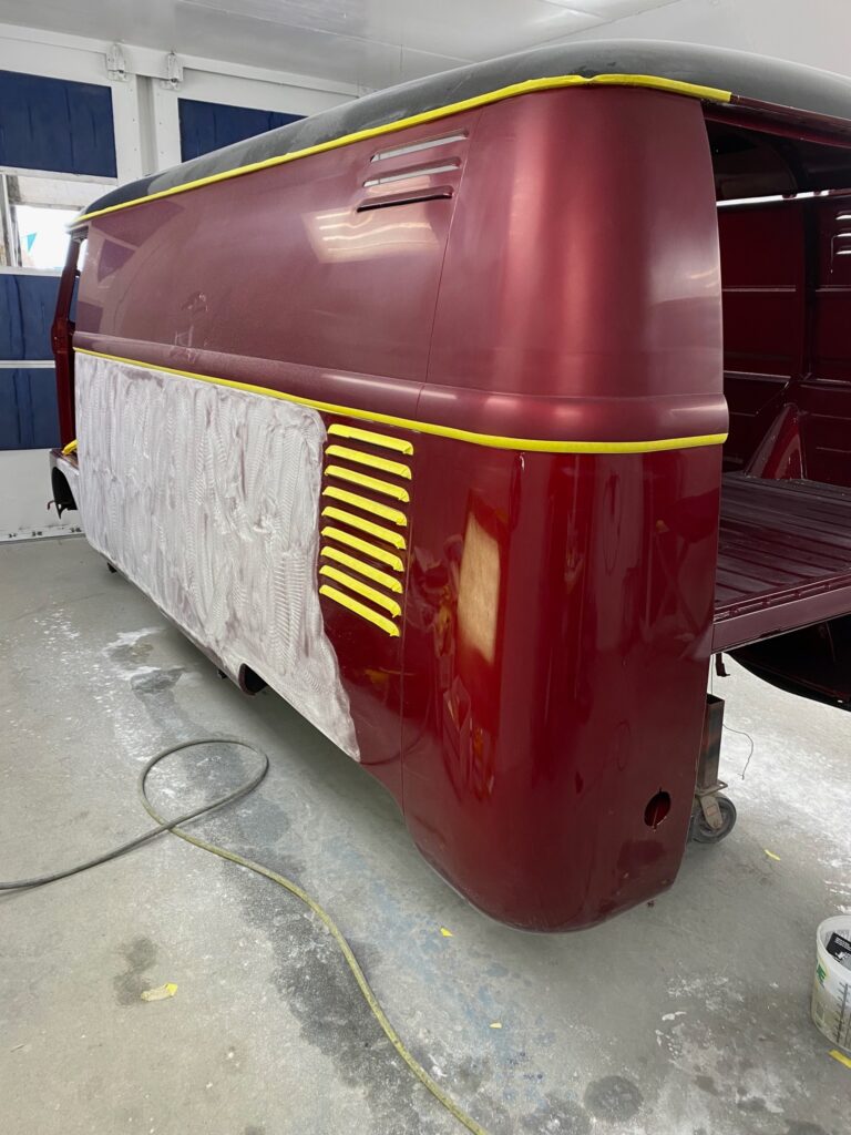 1959 vw panel bus main body paint cut and buff silver lining auto restoration