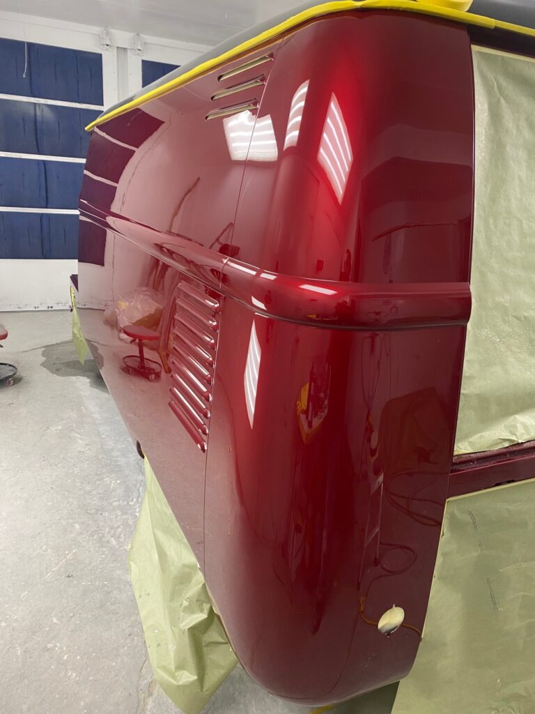 1959 vw panel bus main body paint cut and buff silver lining auto restoration