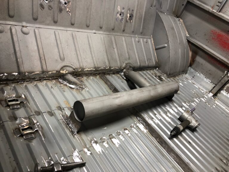 1963 23 window deluxe vw bus cargo door rust repair silver lining auto restoration oregon