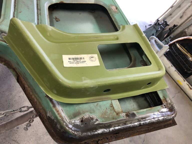 1963 23 window deluxe vw bus front door rust repair silver lining auto restoration oregon