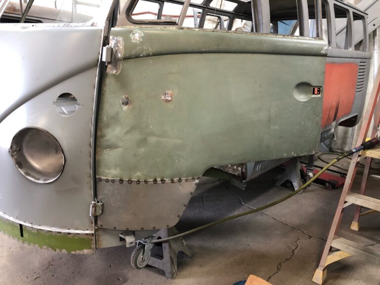 1963 23 window deluxe vw bus front door rust repair silver lining auto restoration oregon