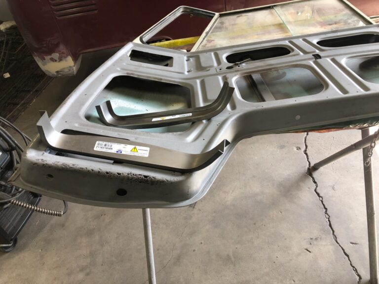 1963 23 window deluxe vw bus front door rust repair silver lining auto restoration oregon