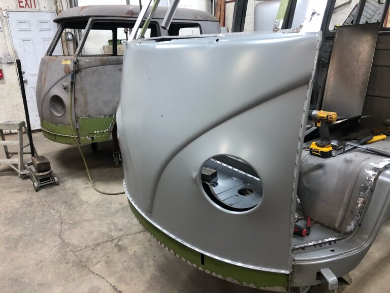 1963 23 window deluxe vw bus nose replacement silver lining auto restoration oregon