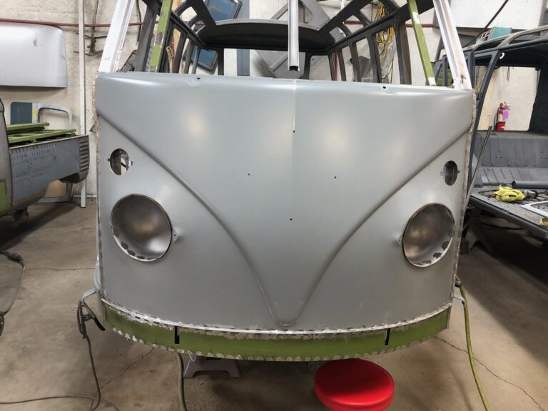 1963 23 window deluxe vw bus nose replacement silver lining auto restoration oregon